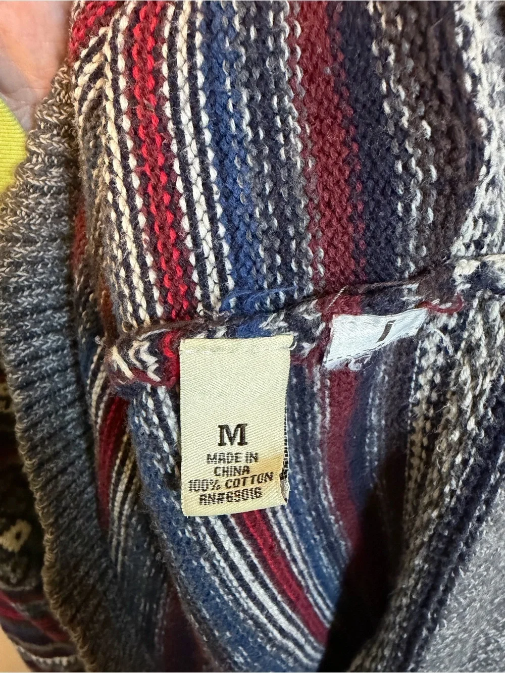 Ruff Hewn Gray Hooded Crewneck Sweater with Red and Navy Stripes